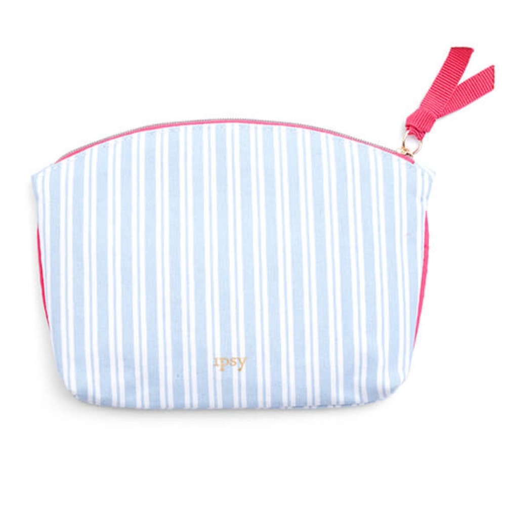Blue/white striped makeup bag